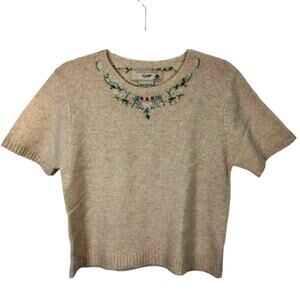 Vintage Laura Ashley Country Lambs Wool Sweater Short Sleeve Embroidered